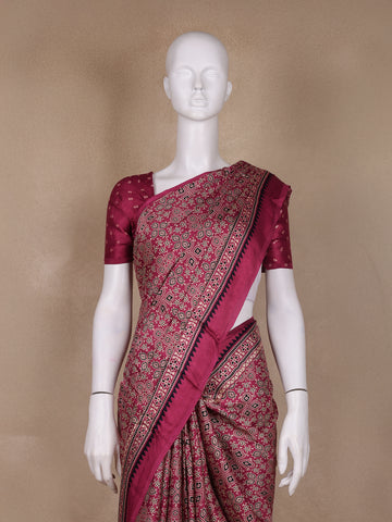 Pink Ajrak Print Mul Mul Cotton Saree - Diadem