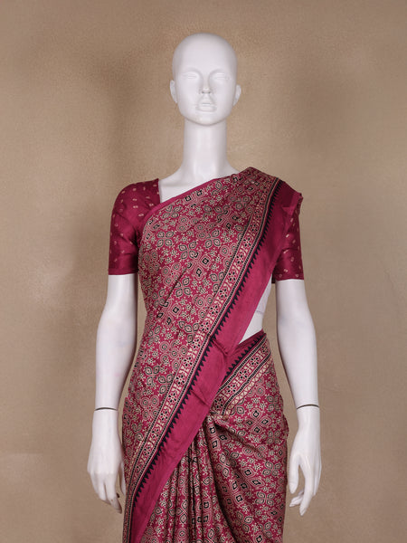 Pink Ajrak Print Mul Mul Cotton Saree - Diadem