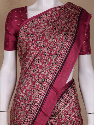 Pink Ajrak Print Mul Mul Cotton Saree - Diadem