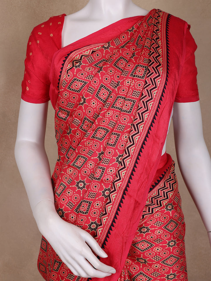 Pink Ajrak Printed Mul Mul Cotton Saree - Diadem