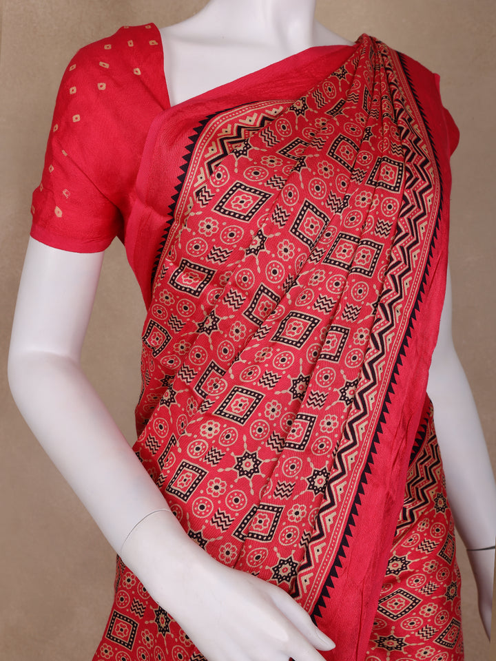 Pink Ajrak Printed Mul Mul Cotton Saree - Diadem