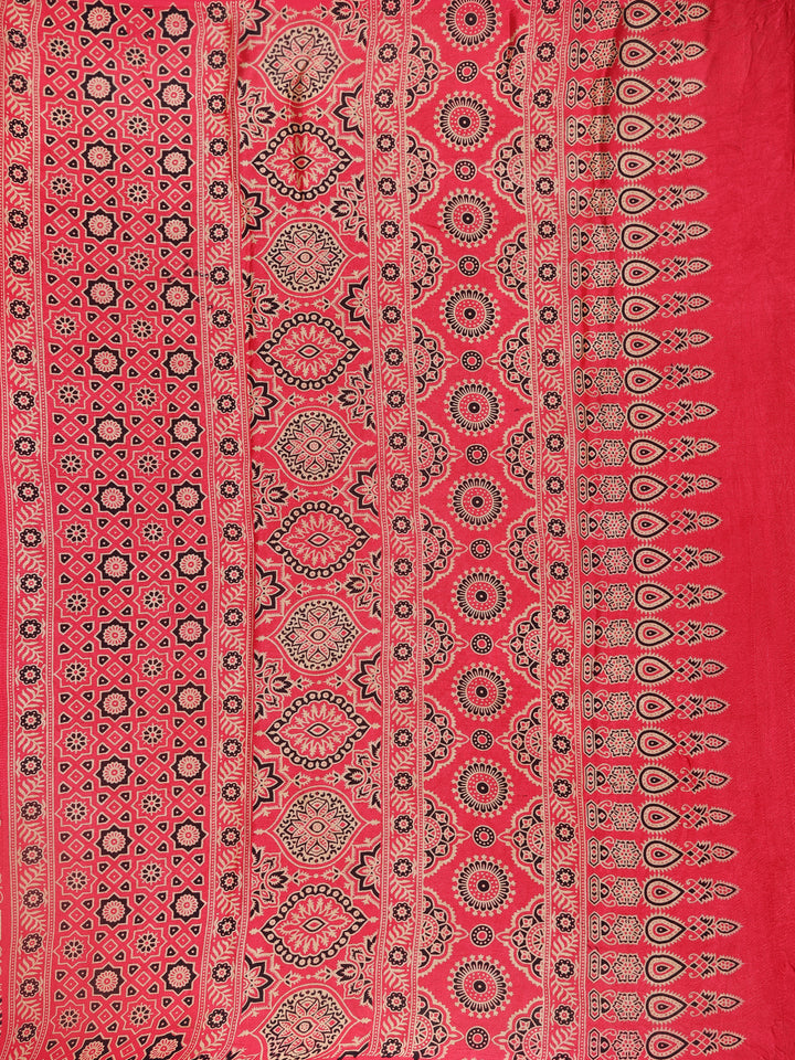 Pink Ajrak Printed Mul Mul Cotton Saree - Diadem
