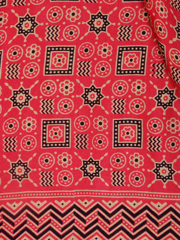 Pink Ajrak Printed Mul Mul Cotton Saree - Diadem