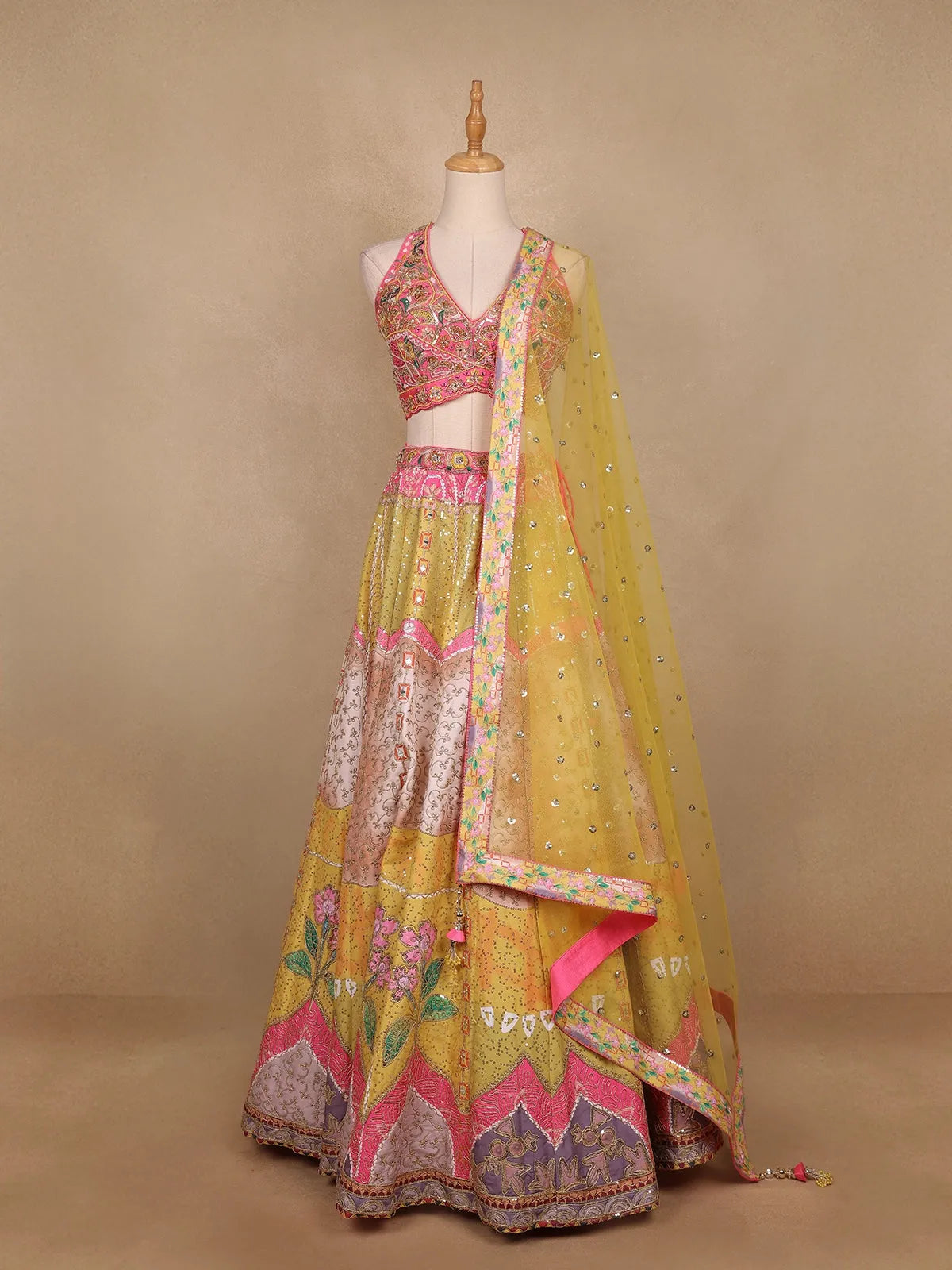 Pink And Yellow Floral Embroidery Semi Silk Bridesmaid Lehenga