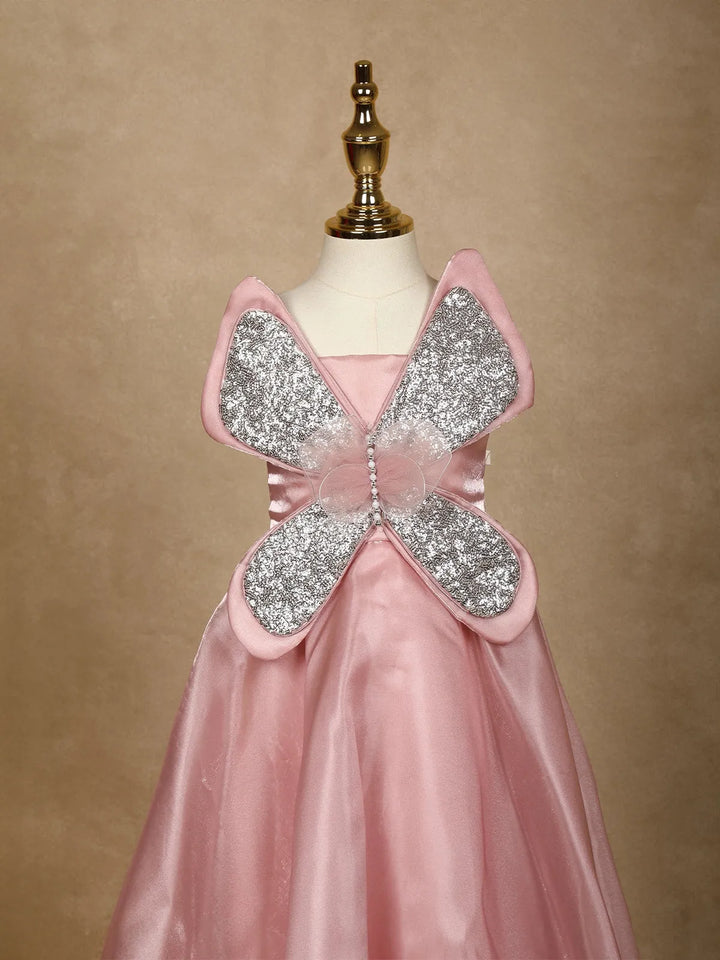 Pink Butterfly Designed Party Gown for Girls - Diadem