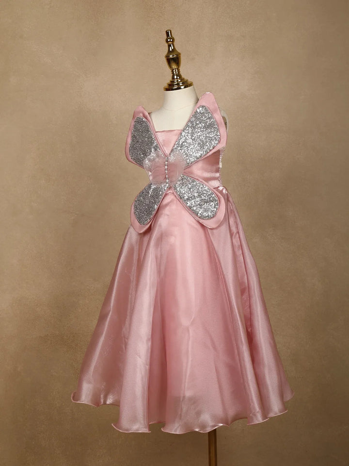 Pink Butterfly Designed Party Gown for Girls - Diadem