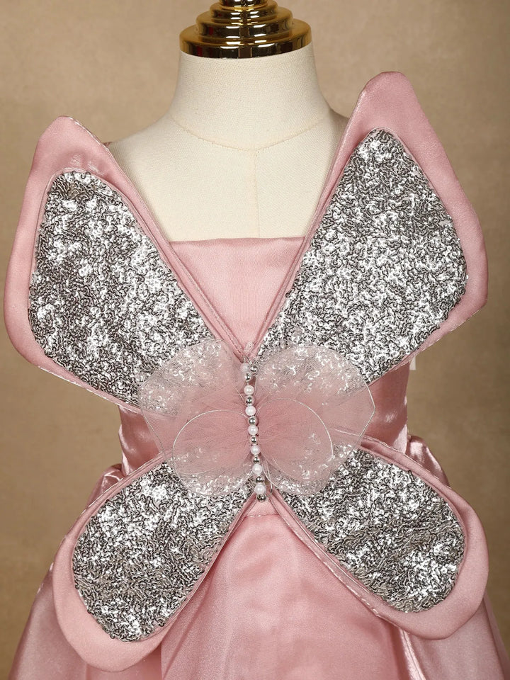 Pink Butterfly Designed Party Gown for Girls - Diadem