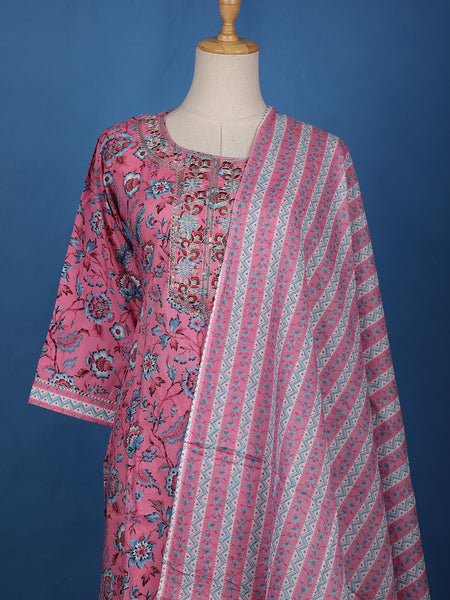 Pink Cotton Floral Printed Salwar Suit - Diadem