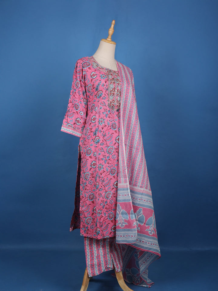 Pink Cotton Floral Printed Salwar Suit - Diadem