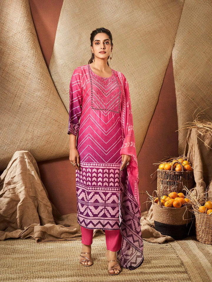 Pink Crepe Chevron Printed Salwar Suit for Women - Diadem