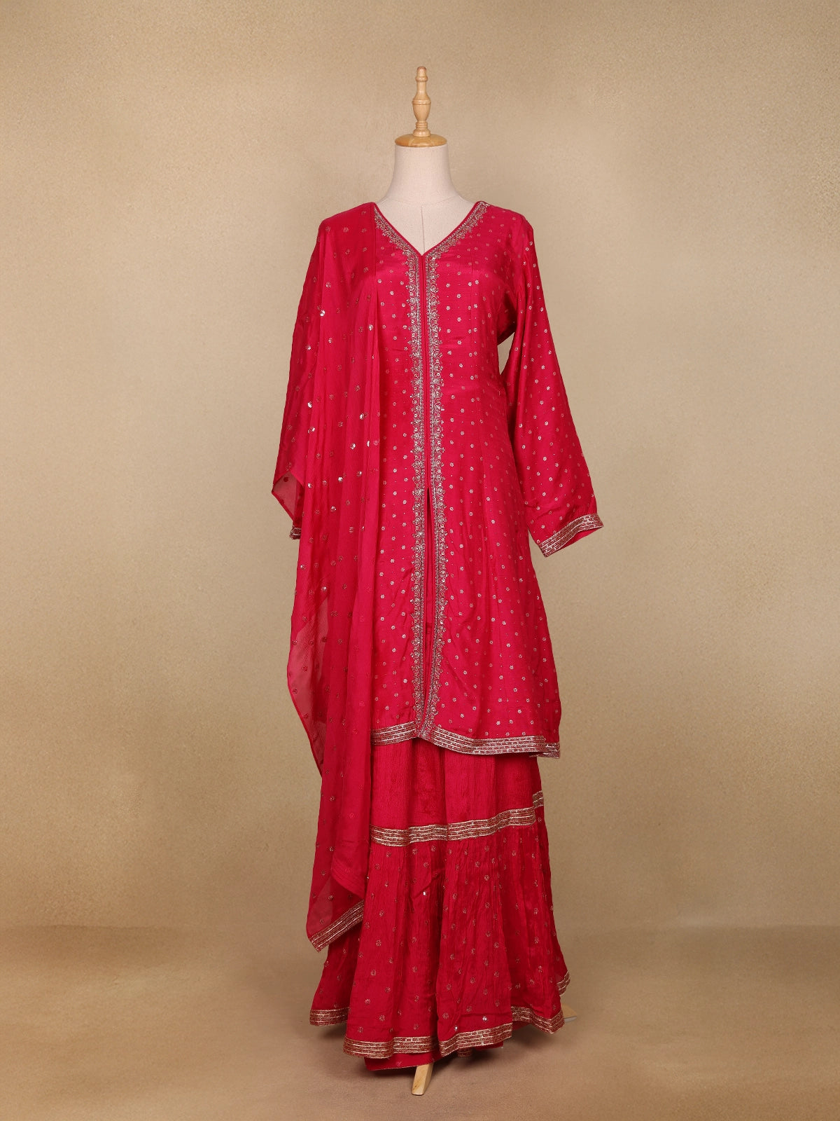 Pink Floral Buttis Semi Silk Sharara Salwar Suit