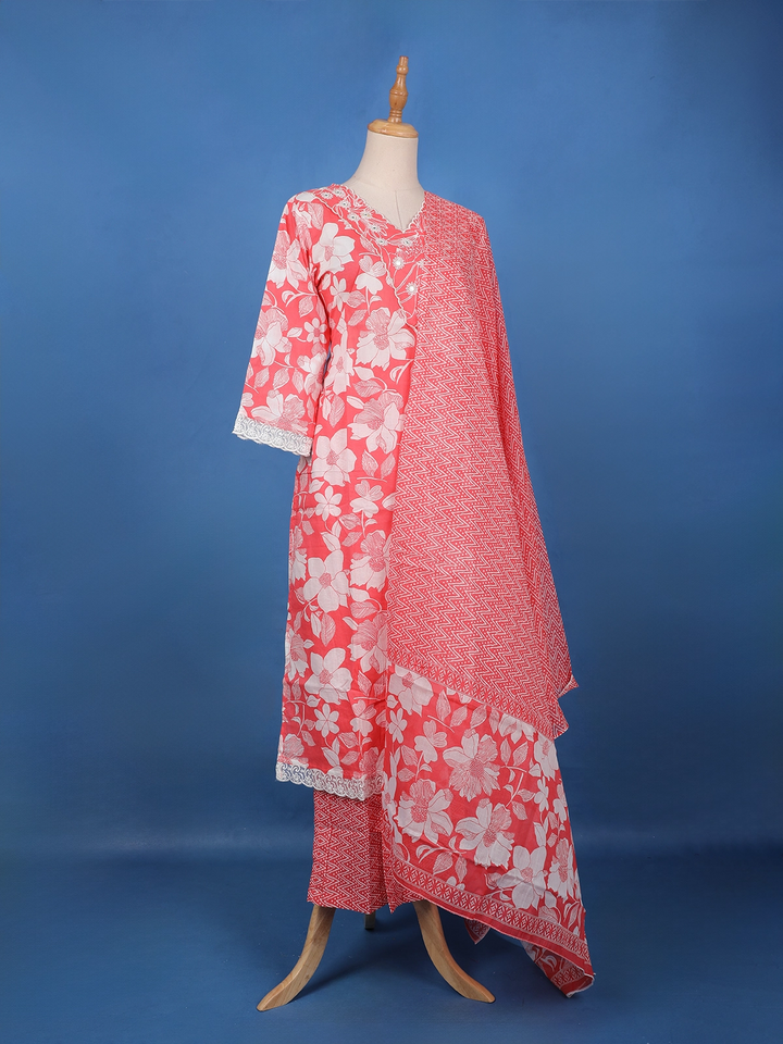 Pink Floral Design Printed Cotton Salwar Suit - Diadem