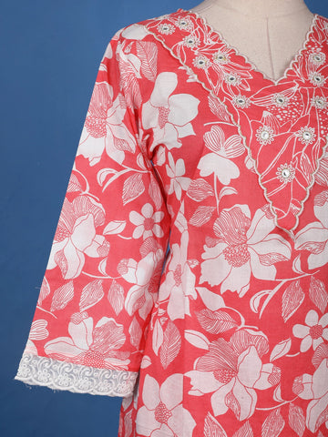 Pink Floral Design Printed Cotton Salwar Suit - Diadem