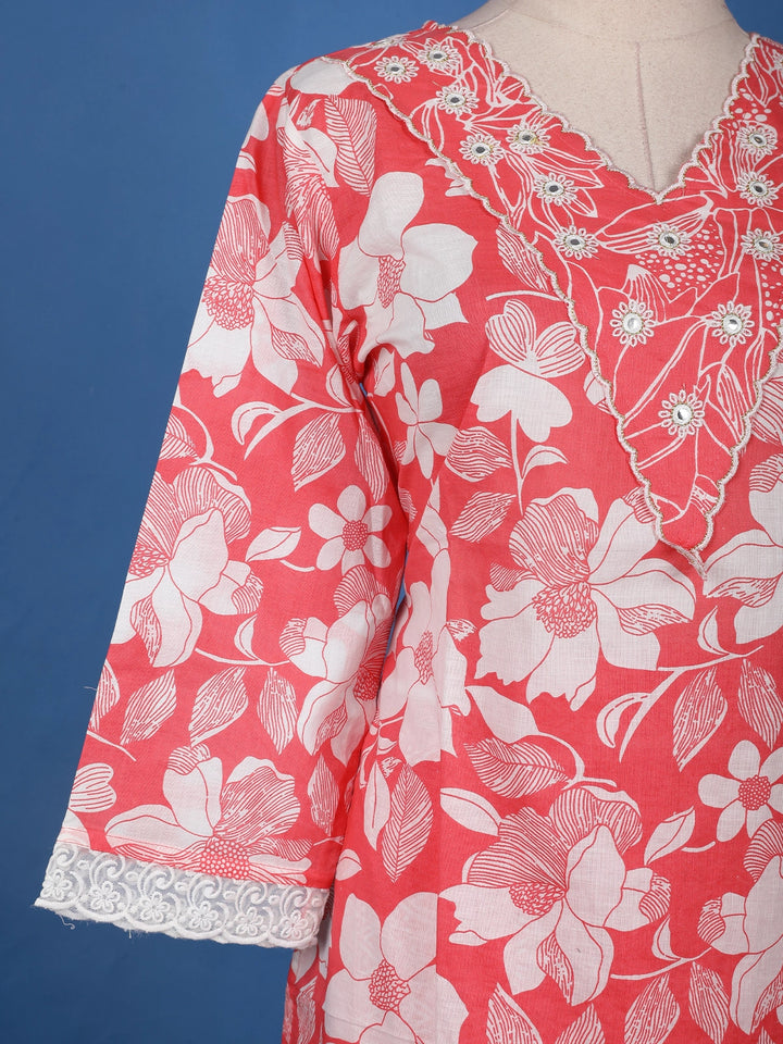 Pink Floral Design Printed Cotton Salwar Suit - Diadem