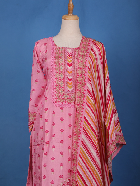 Pink Floral Design Printed Cotton Salwar Suit - Diadem