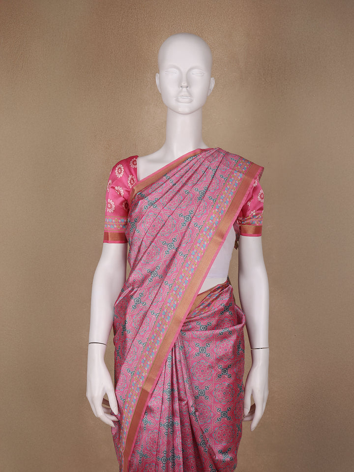 Pink Floral Designed Semi Silk Saree - Diadem