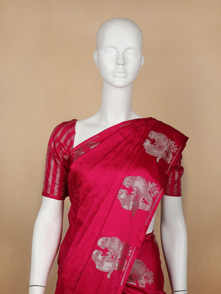 Pink Floral Designed Banarasi Silk Saree - Diadem