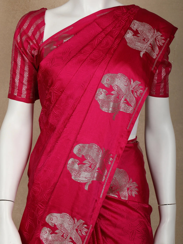 Pink Floral Designed Banarasi Silk Saree - Diadem