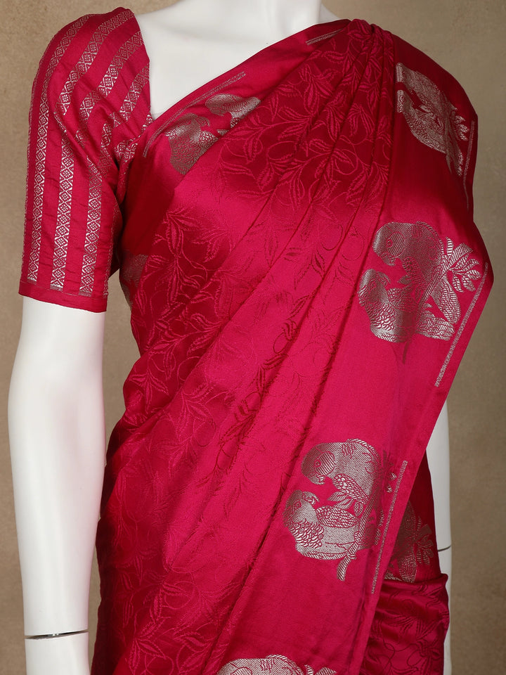 Pink Floral Designed Banarasi Silk Saree - Diadem