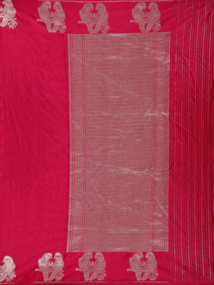 Pink Floral Designed Banarasi Silk Saree - Diadem