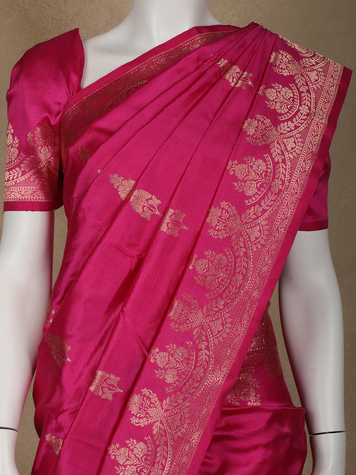 Pink Floral Designed Banarasi Silk Saree - Diadem