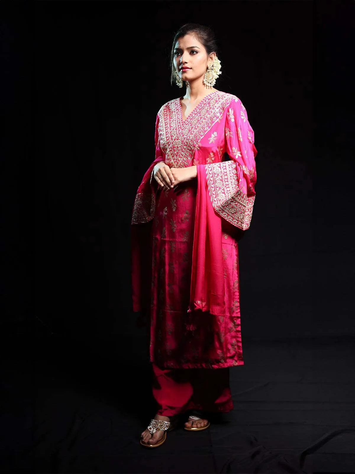 Pink Floral Designed Banarasi silk Palazzo Salwar Suit - Diadem