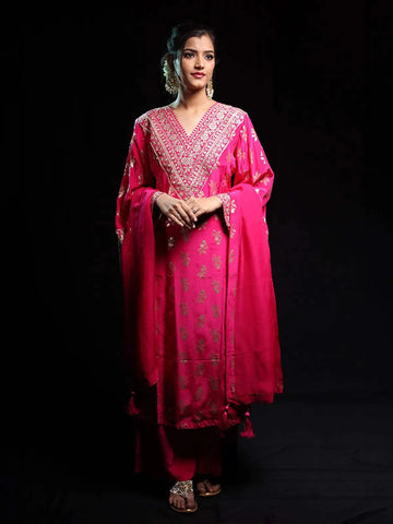 Pink Floral Designed Banarasi silk Palazzo Salwar Suit - Diadem