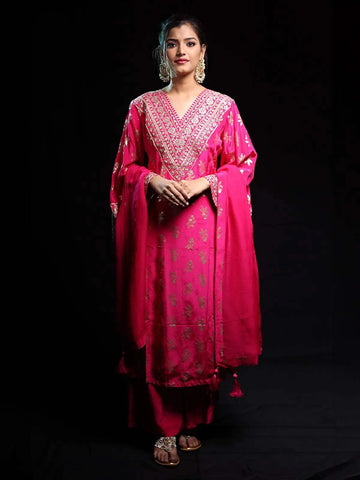Pink Floral Designed Banarasi silk Palazzo Salwar Suit - Diadem