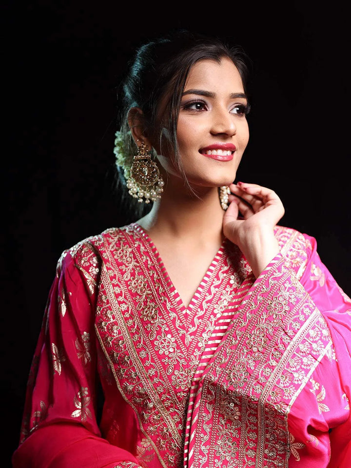 Pink Floral Designed Banarasi silk Palazzo Salwar Suit - Diadem
