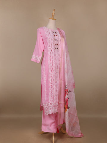 Pink Floral Designed Cotton Straight Cut Salwar Suit - Diadem