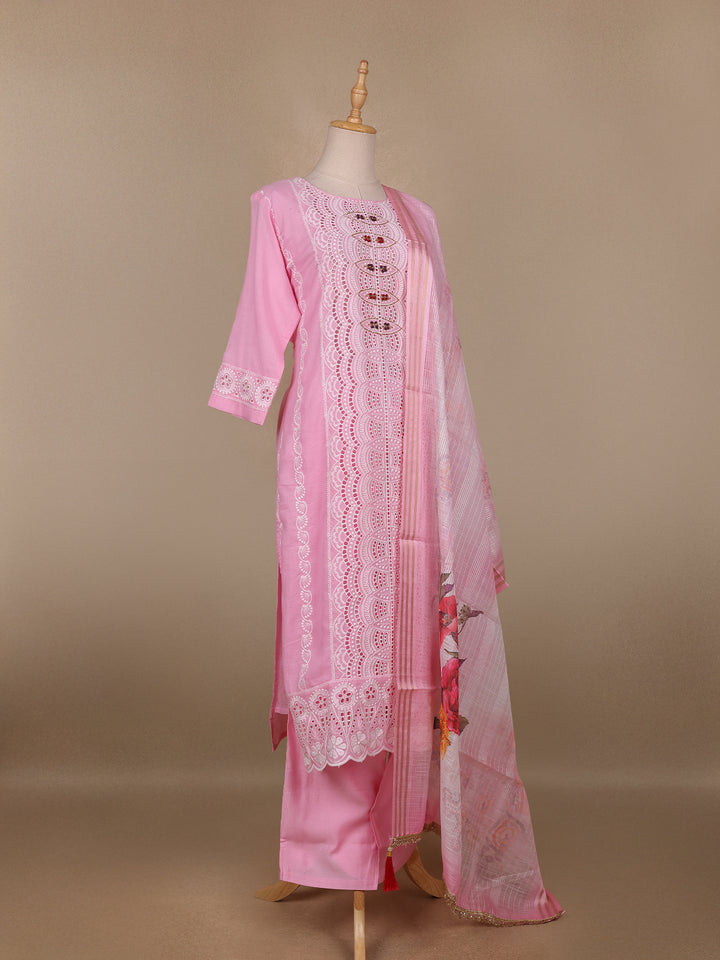 Pink Floral Designed Cotton Straight Cut Salwar Suit - Diadem