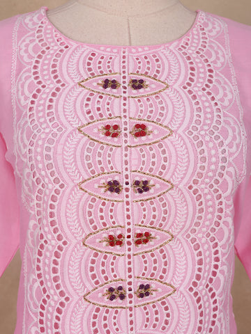 Pink Floral Designed Cotton Straight Cut Salwar Suit - Diadem