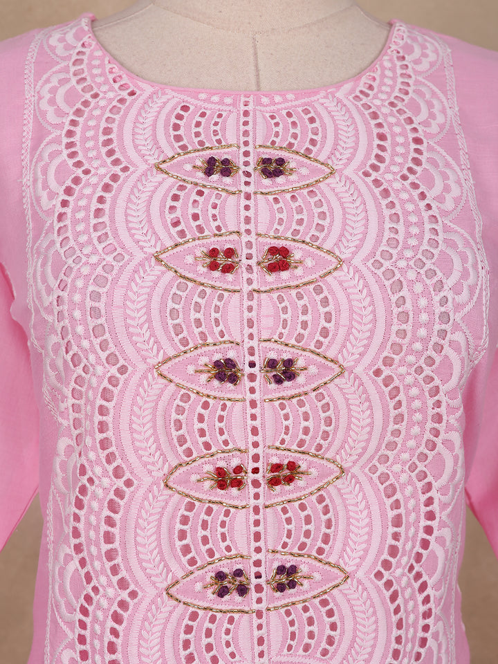 Pink Floral Designed Cotton Straight Cut Salwar Suit - Diadem