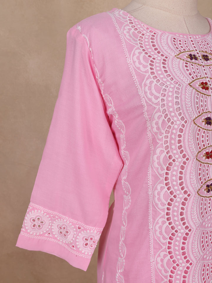 Pink Floral Designed Cotton Straight Cut Salwar Suit - Diadem
