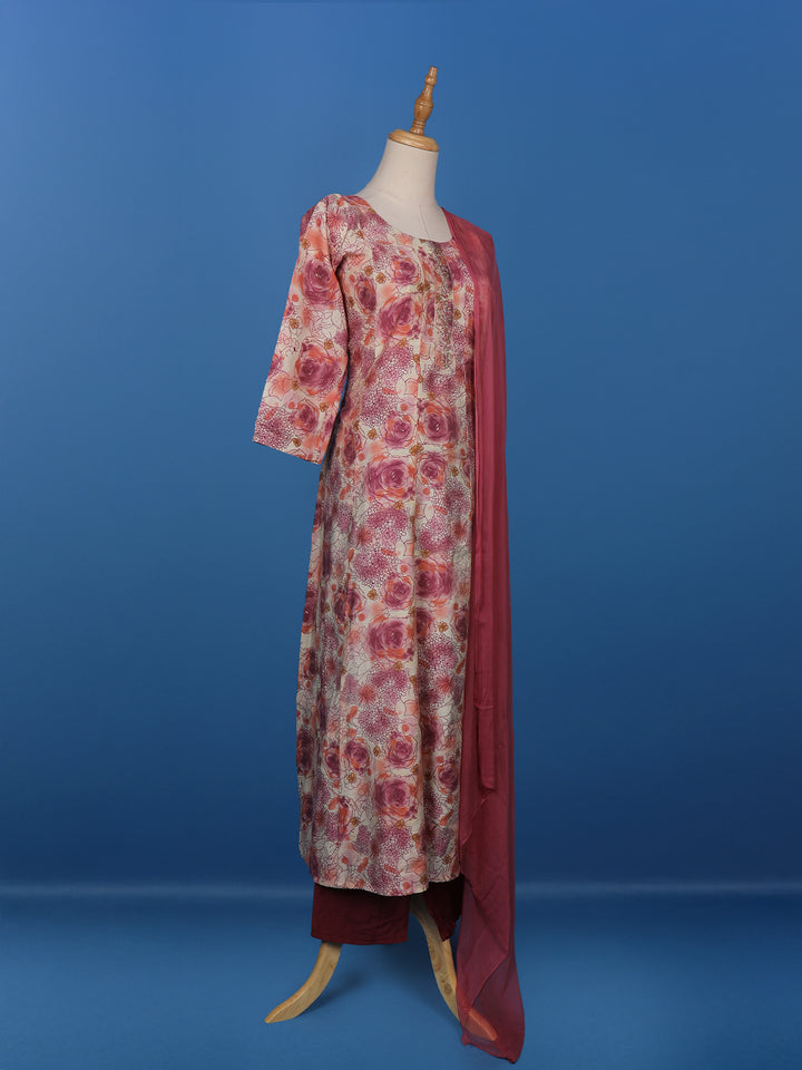Pink Floral Designed Cotton Straight Cut Salwar Suit - Diadem