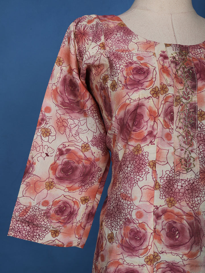 Pink Floral Designed Cotton Straight Cut Salwar Suit - Diadem