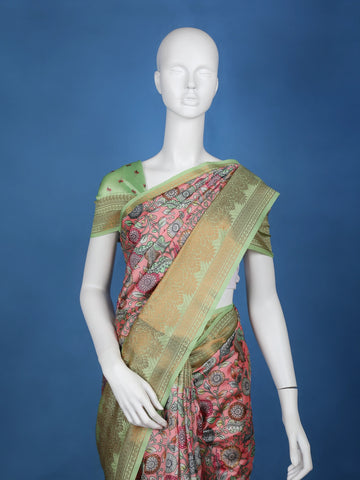 Pink Floral Designed Kora Printed Saree - Diadem