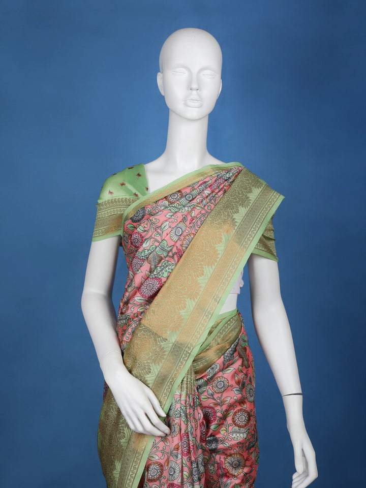 Pink Floral Designed Kora Printed Saree - Diadem