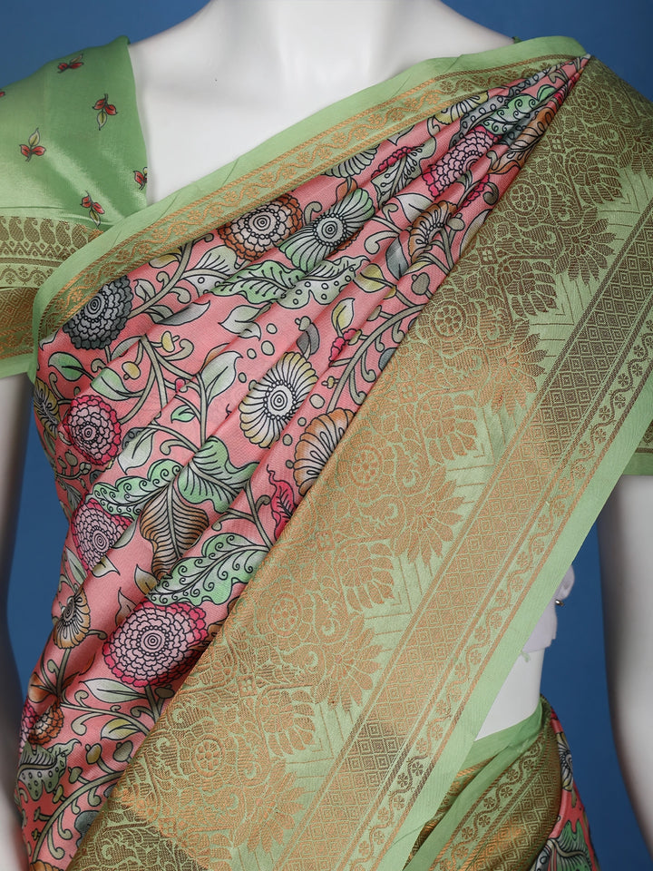 Pink Floral Designed Kora Printed Saree - Diadem