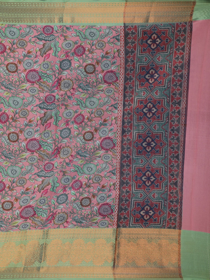 Pink Floral Designed Kora Printed Saree - Diadem