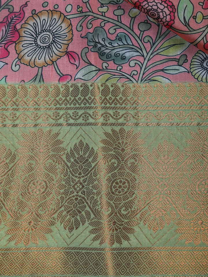 Pink Floral Designed Kora Printed Saree - Diadem
