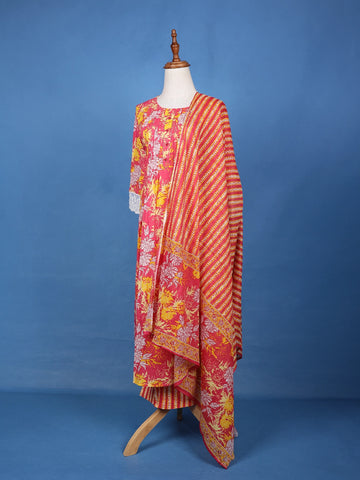 Pink Floral Design Printed Cotton Salwar Suit - Diadem