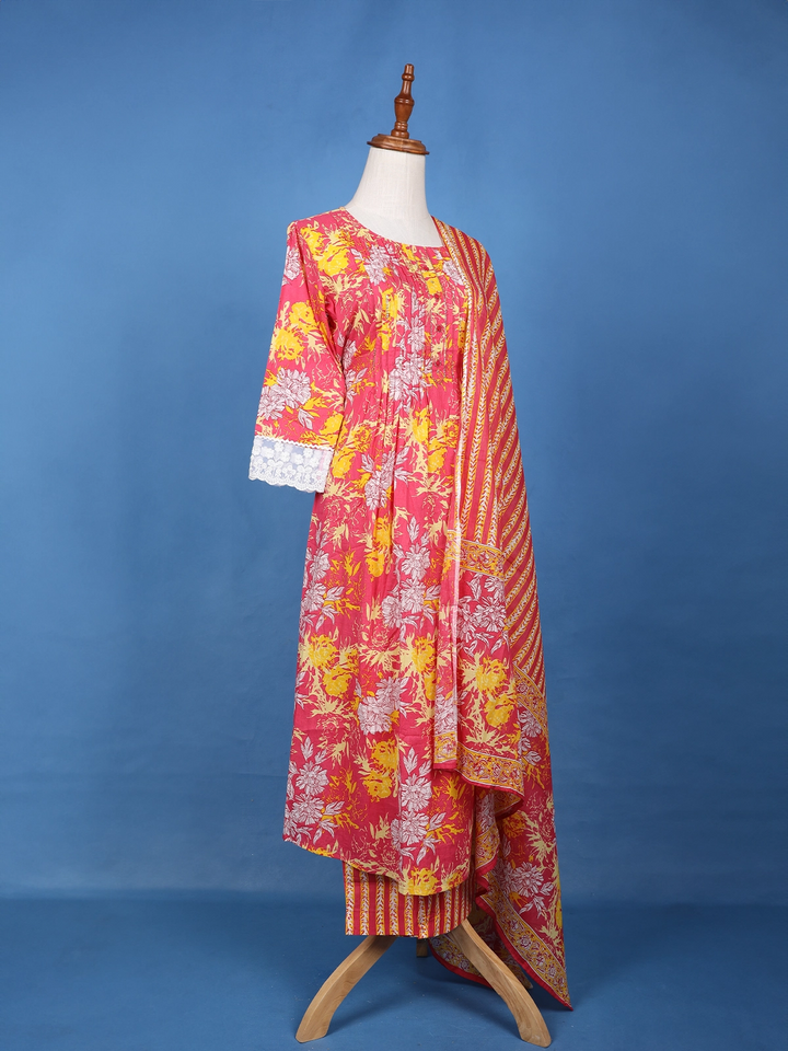 Pink Floral Design Printed Cotton Salwar Suit - Diadem