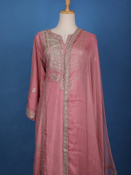Pink Floral Designed Raw Silk Salwar Suit - Diadem