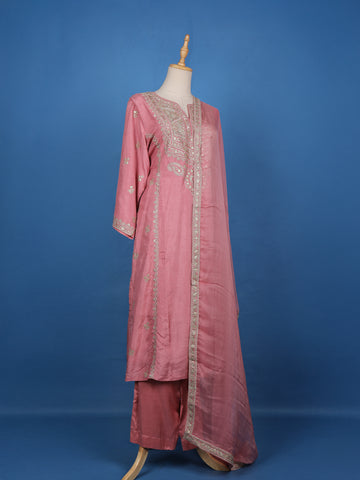 Pink Floral Designed Raw Silk Salwar Suit - Diadem
