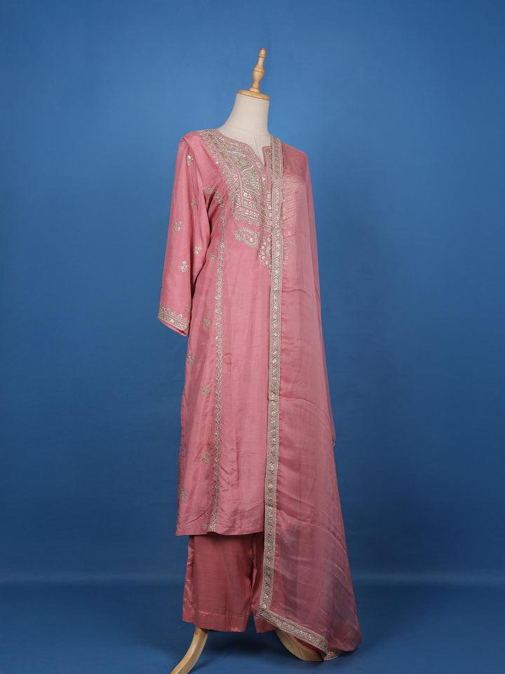Pink Floral Designed Raw Silk Salwar Suit - Diadem