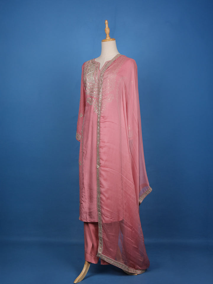 Pink Floral Designed Raw Silk Salwar Suit - Diadem
