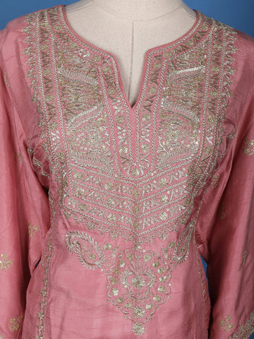 Pink Floral Designed Raw Silk Salwar Suit - Diadem