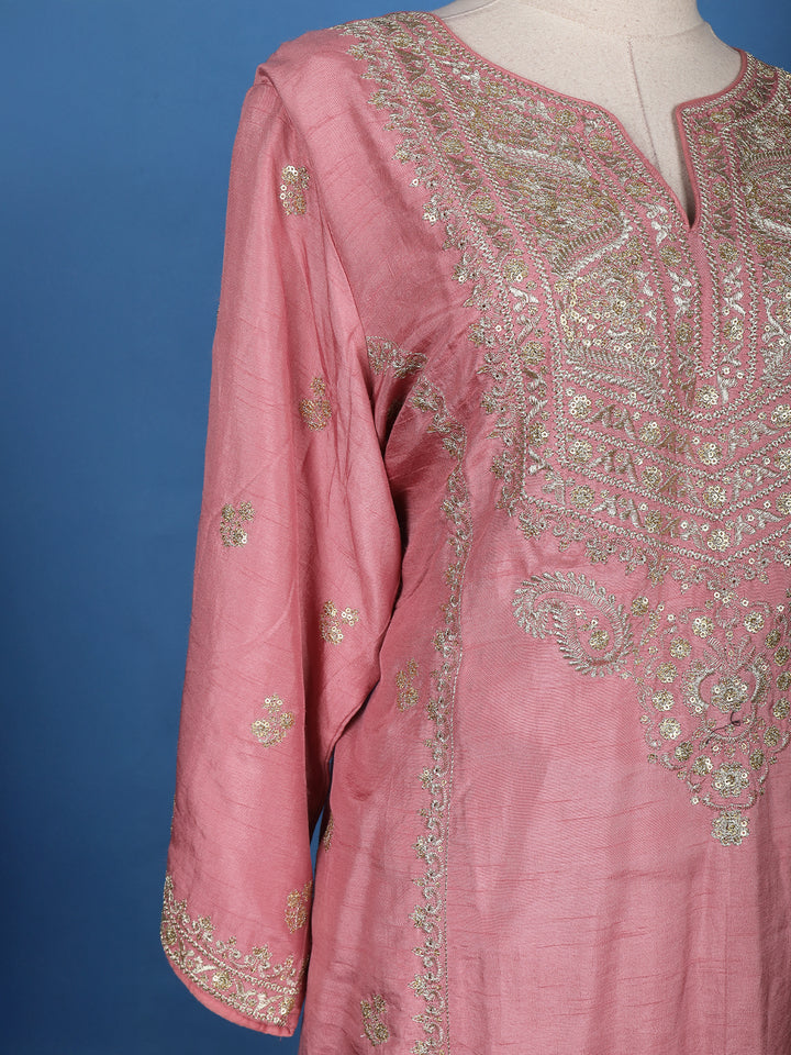 Pink Floral Designed Raw Silk Salwar Suit - Diadem
