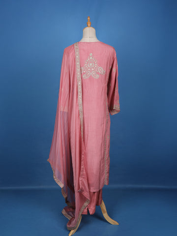 Pink Floral Designed Raw Silk Salwar Suit - Diadem